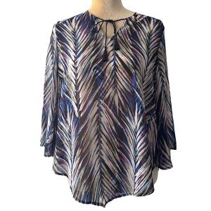 Banana Republic Sheer Womens Top Blue Purple Blk Wht Feather Pattern Blouse XS